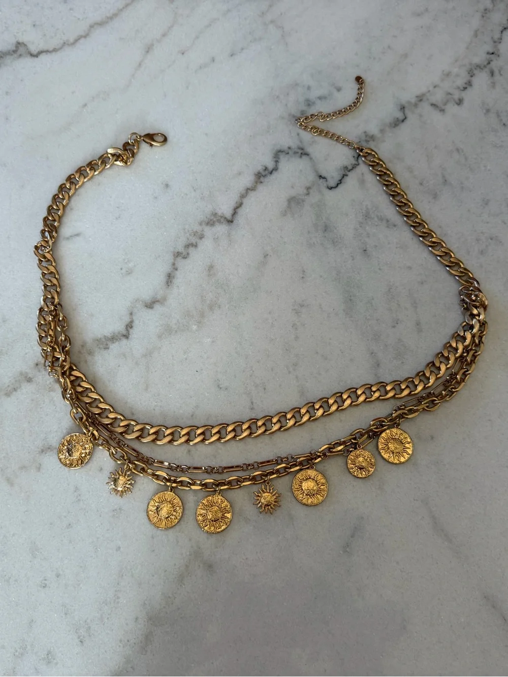 Zara Layered Gold Chain Charm Waist Belt | Coin & Sun Medallion Statement Belt